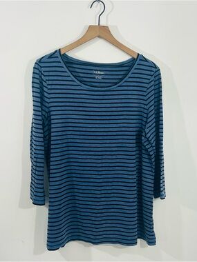 L.L. Bean Blue Black Scoop Neck Pullover 3/4 Sleeve Striped Top SIze XL